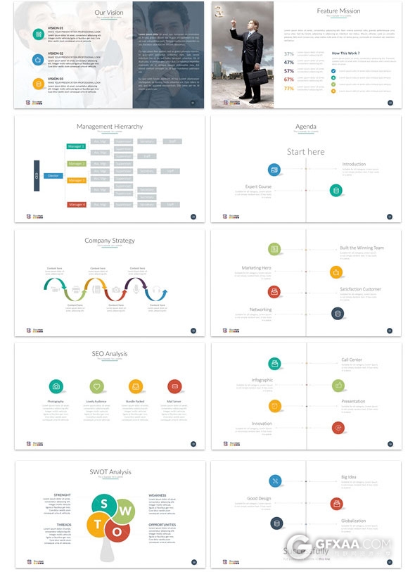 150页扁平化多图表商务汇报总结PPT模板 - 顶尖PPT
