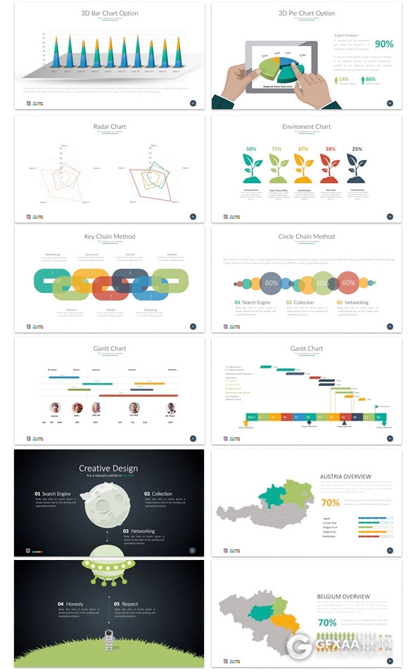150页扁平化多图表商务汇报总结PPT模板 - 顶尖PPT
