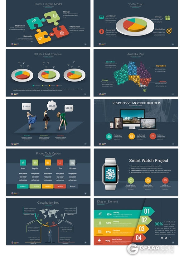 150页扁平化多图表商务汇报总结PPT模板 - 顶尖PPT