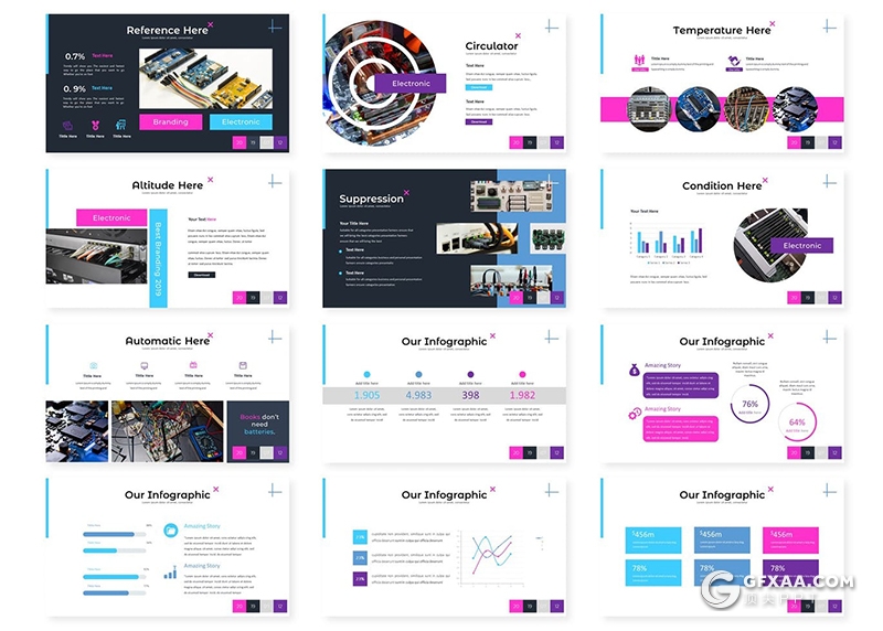 30页科技电子芯片主板线路加工制作产品宣传Google slides模板5种主题配色 - 顶尖PPT