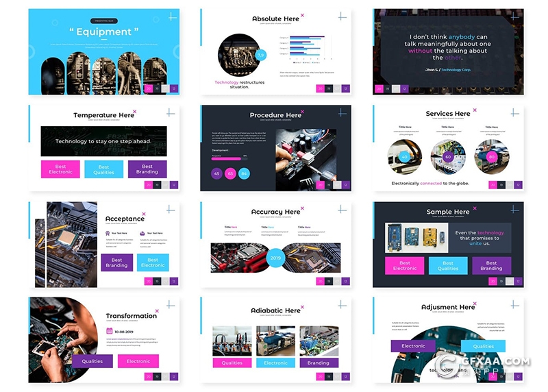 30页科技电子芯片主板线路加工制作产品宣传Google slides模板5种主题配色 - 顶尖PPT