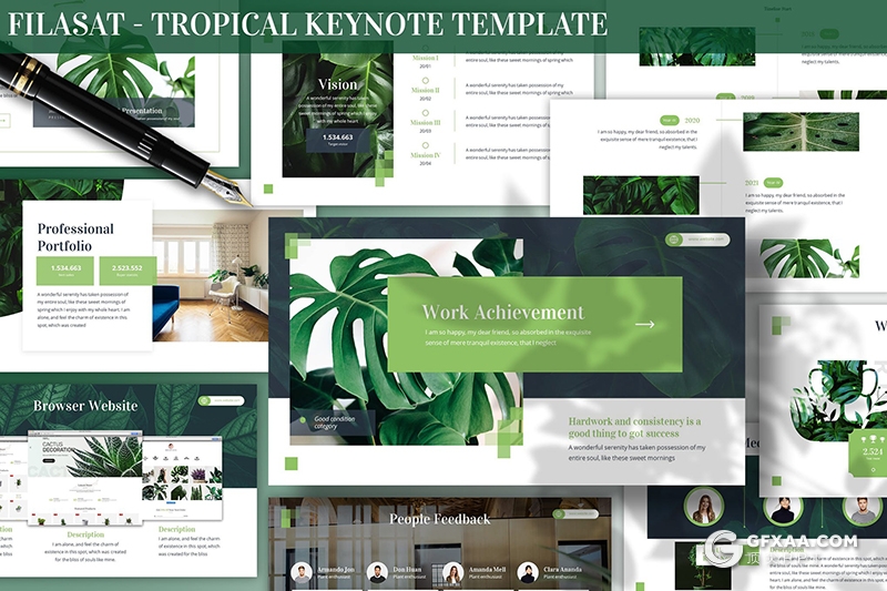 30页绿色热带植物介绍商务工作计划总结PPT模板3种主题配色 - 顶尖PPT