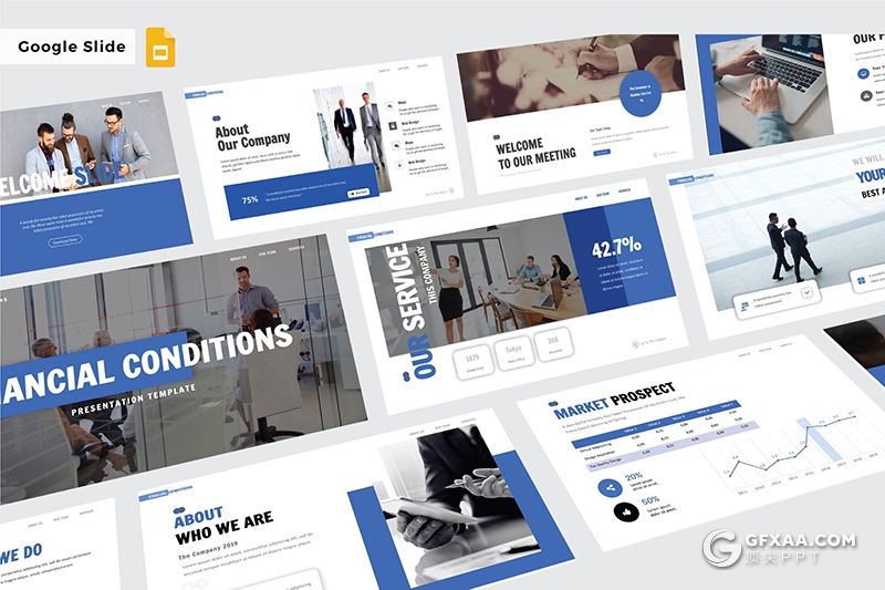 30页蓝色扁平化商务团队企业介绍项目合作工作总结Google slides模板 - 顶尖PPT