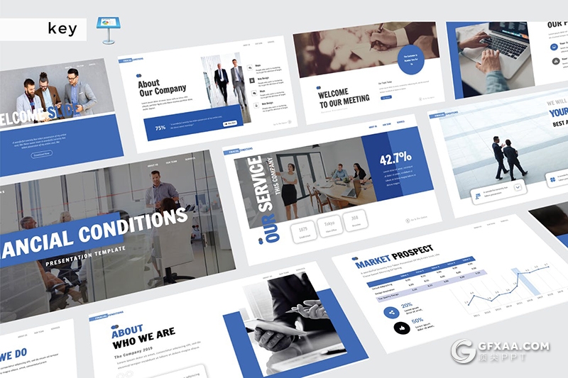 30页蓝色扁平化商务团队企业介绍项目合作工作总结keynote模板 - 顶尖PPT