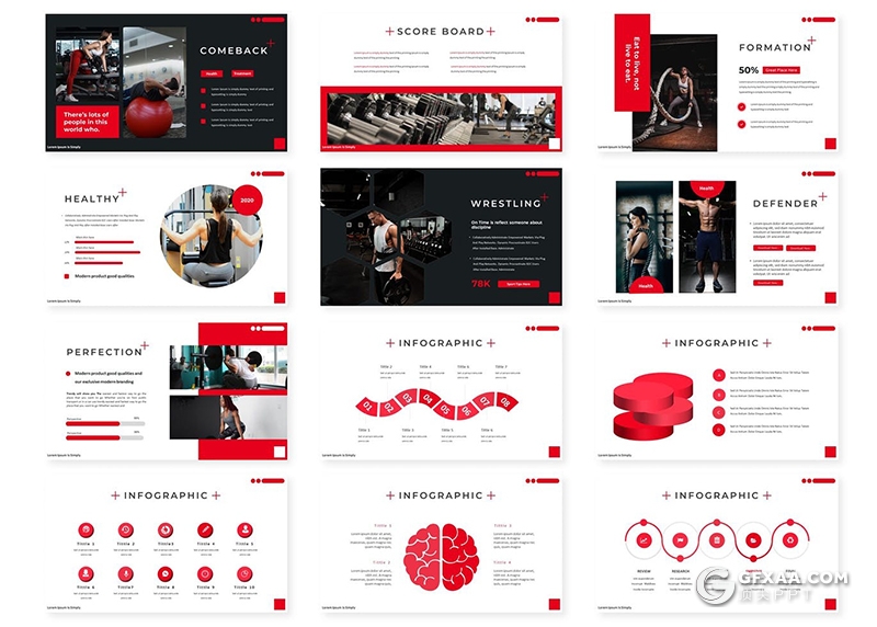 30页国外扁平化健身锻炼健身房宣传介绍项目规划PPT模板5种主题配色 - 顶尖PPT