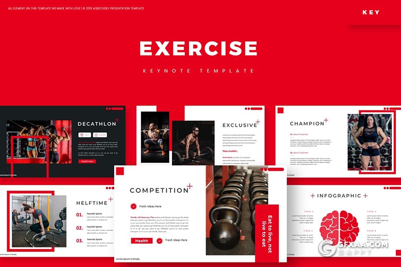 30页国外扁平化健身锻炼健身房宣传介绍项目规划keynote模板5种主题配色 - 顶尖PPT