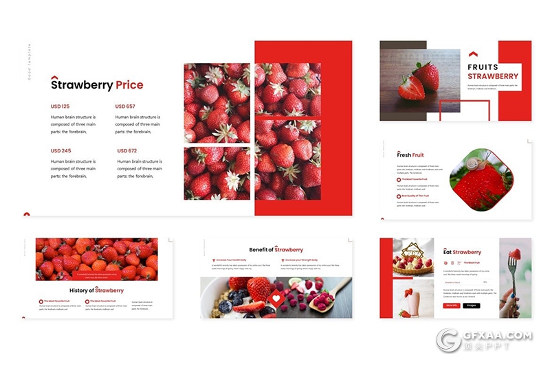 30页扁平化简约风格草莓主题草莓水果介绍展示Google slides模板 - 顶尖PPT
