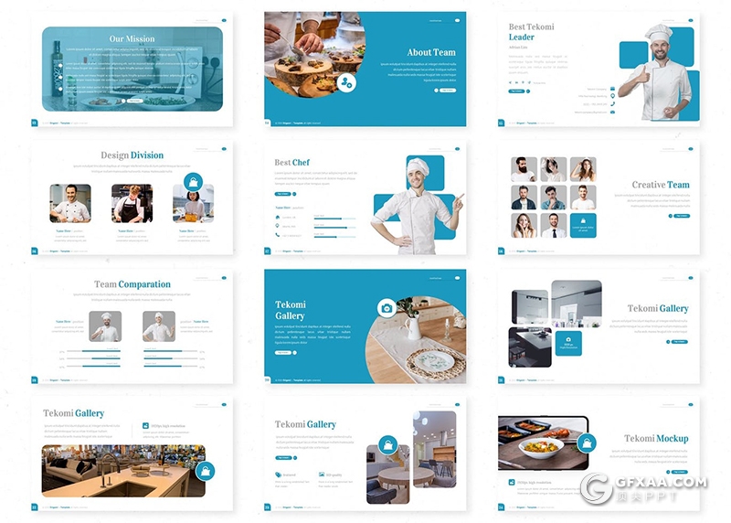 30页扁平化风格餐厅美食介绍展示PPT模板5种主题配色 - 顶尖PPT