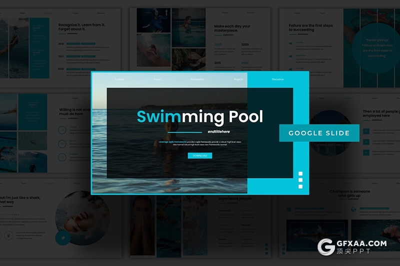 30页游泳池游泳健身项目介绍宣传Google slides模板5种主题配色 - 顶尖PPT