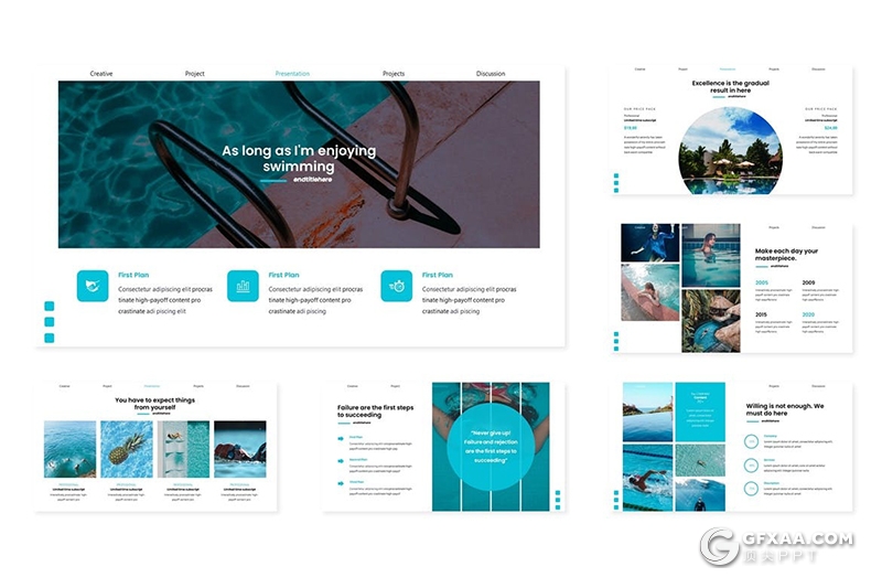 30页游泳池游泳健身项目介绍宣传keynote模板5种主题配色 - 顶尖PPT