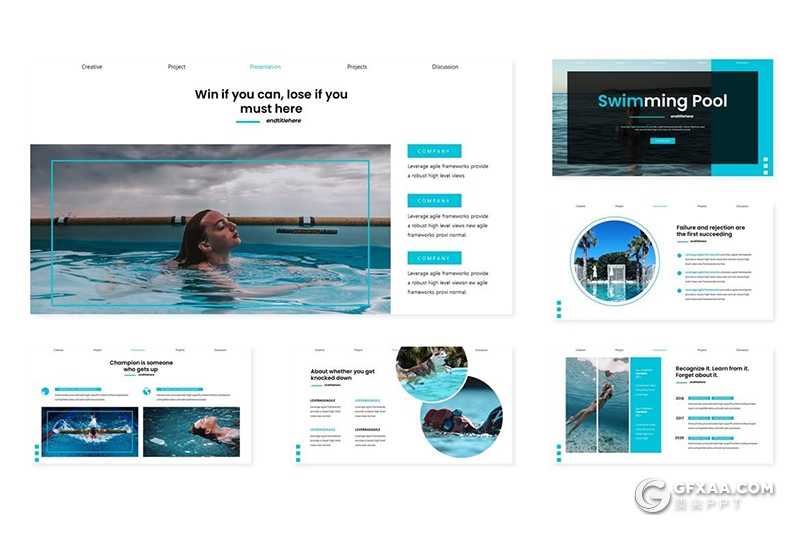 30页游泳池游泳健身项目介绍宣传keynote模板5种主题配色 - 顶尖PPT