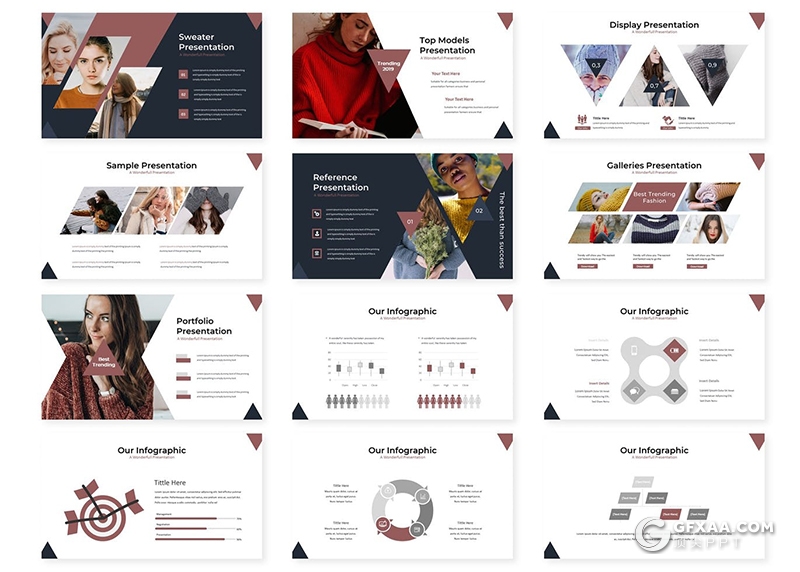 30页创意三角形版式设计模特写真摄影图片展示PPT模板5种主题配色 - 顶尖PPT