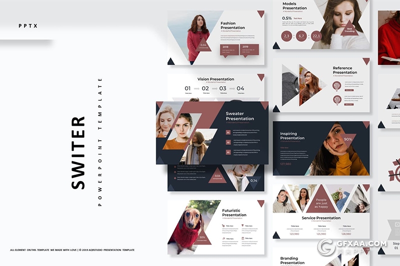 30页创意三角形版式设计模特写真摄影图片展示PPT模板5种主题配色 - 顶尖PPT