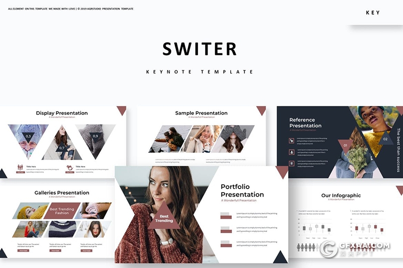 30页创意三角形版式设计模特写真摄影图片展示keynote模板5种主题配色 - 顶尖PPT