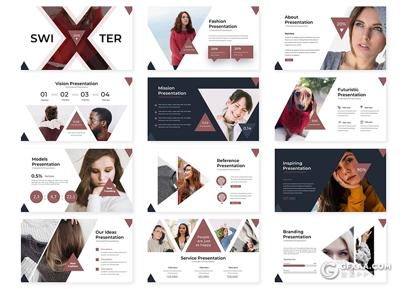 30页创意三角形版式设计模特写真摄影图片展示PPT模板5种主题配色 - 顶尖PPT