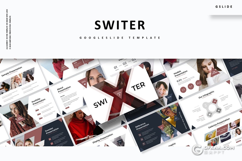 30页创意三角形版式设计模特写真摄影图片展示Google slides模板5种主题配色 - 顶尖PPT