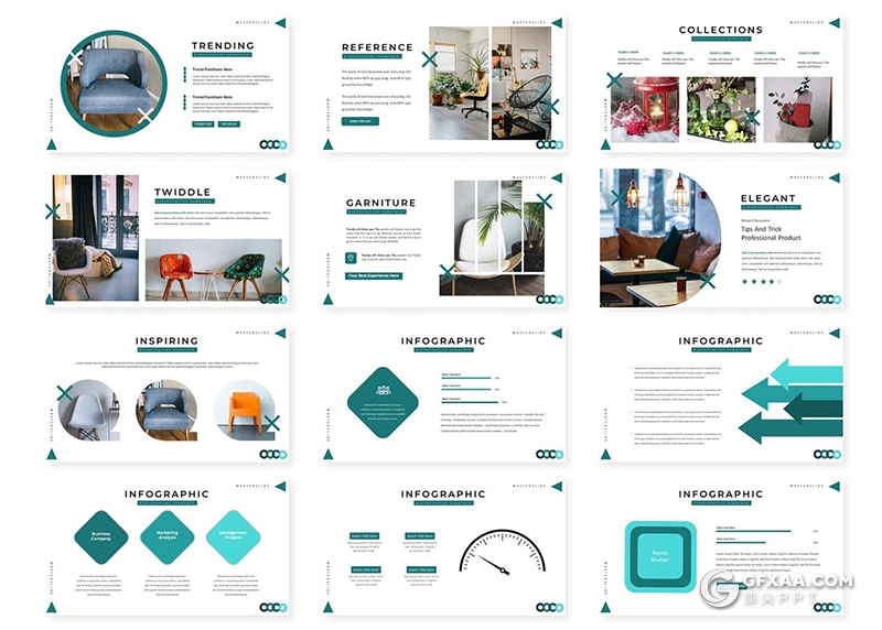 30页国外简约风格室内装修设计家具产品展示宣传PPT模板5种主题配色 - 顶尖PPT