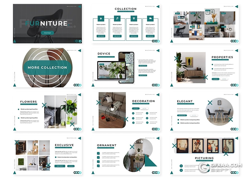 30页国外简约风格室内装修设计家具产品展示宣传PPT模板5种主题配色 - 顶尖PPT