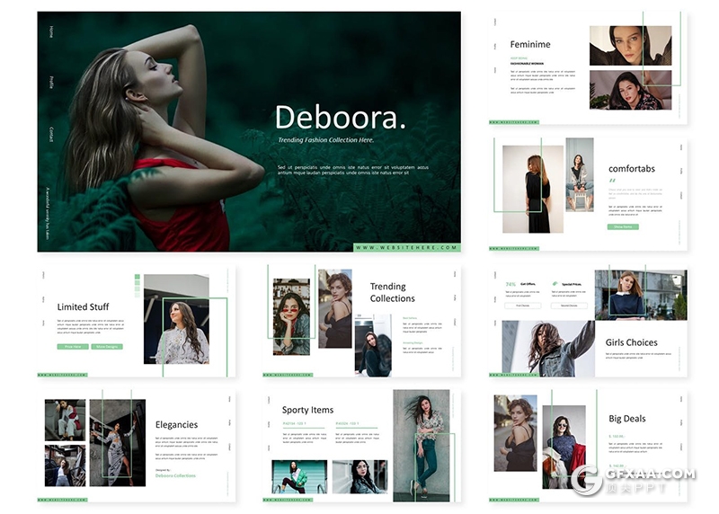 30页扁平化简约风格时尚服装秀模特写真展示Google slides模板5种主题配色 - 顶尖PPT