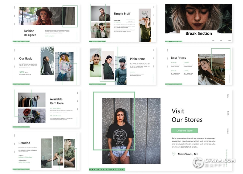 30页扁平化简约风格时尚服装秀模特写真展示Google slides模板5种主题配色 - 顶尖PPT