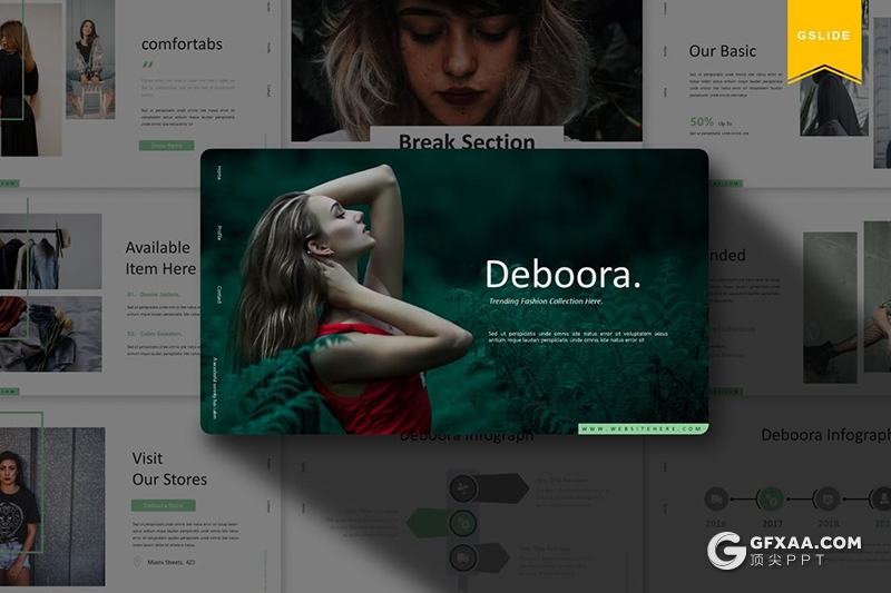 30页扁平化简约风格时尚服装秀模特写真展示Google slides模板5种主题配色 - 顶尖PPT