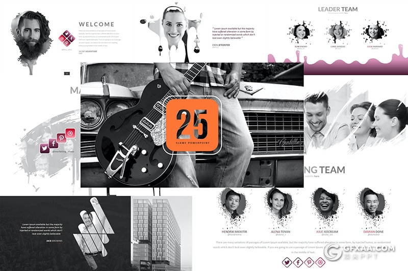 30页时尚简约泼墨笔刷图片占位符PPT动画模板 - 顶尖PPT