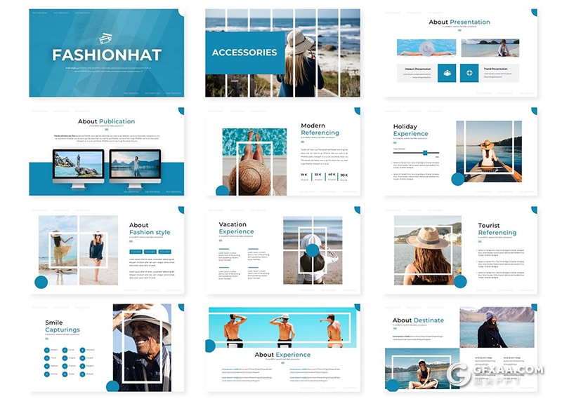30页国外扁平化户外海洋海滩旅游拍照PPT模板5种主题配色 - 顶尖PPT