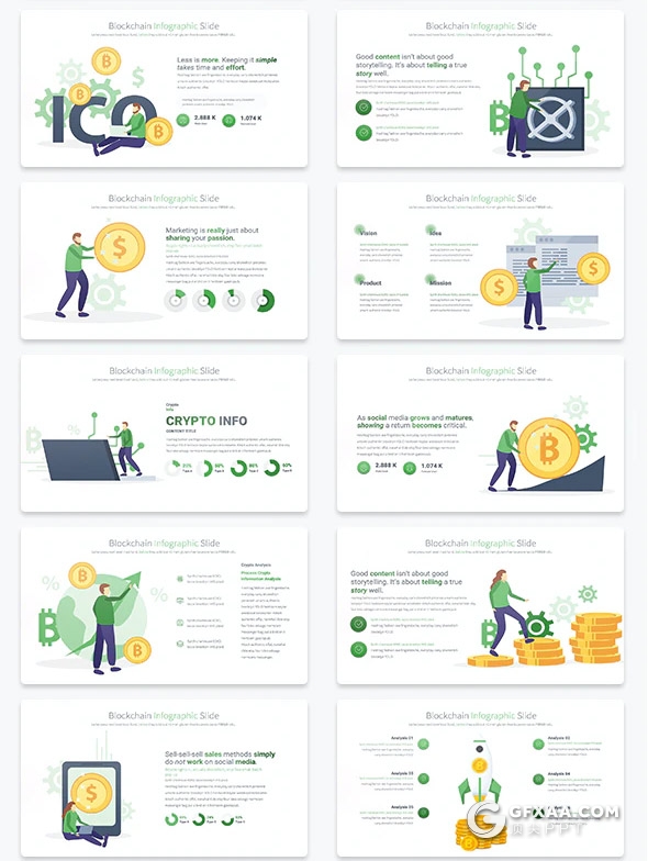 35页创意区块链虚拟货币概念插画图形PPT模板11种主题配色 - 顶尖PPT