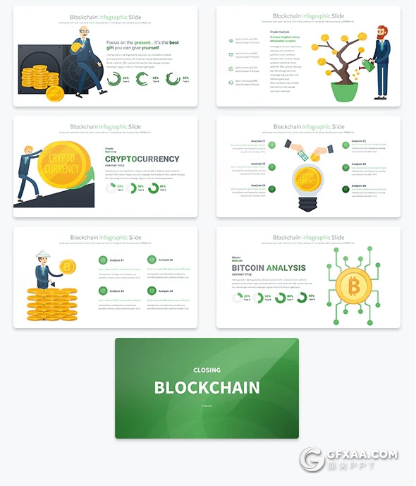 35页创意区块链虚拟货币概念插画图形PPT模板11种主题配色 - 顶尖PPT