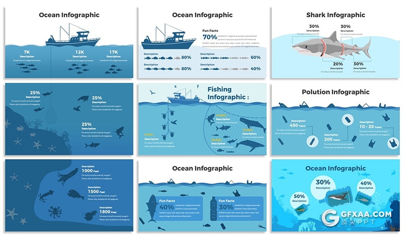 30页海洋生物保护海洋生物图形设计数据分析PPT模板5种主题配色 - 顶尖PPT