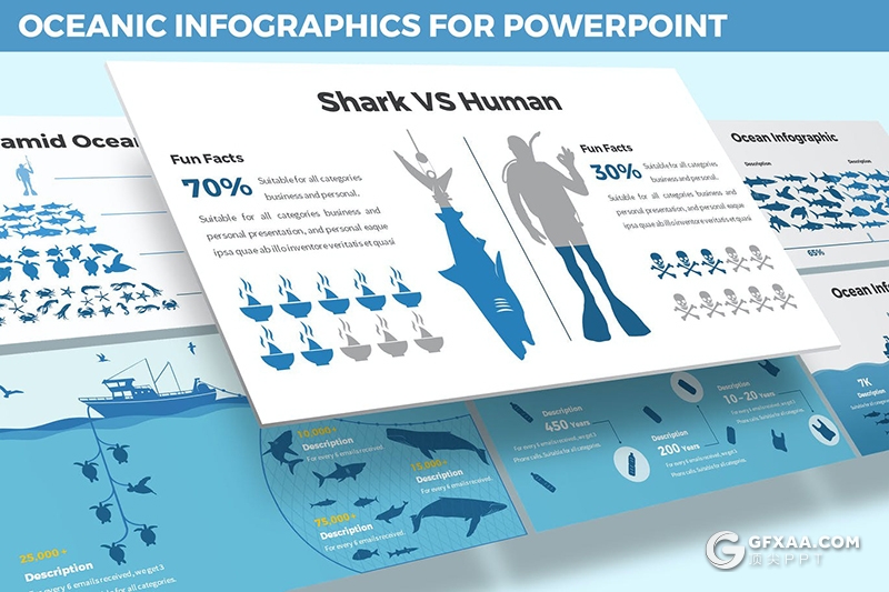 30页海洋生物保护海洋生物图形设计数据分析PPT模板5种主题配色 - 顶尖PPT