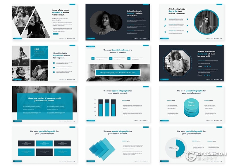 30页国外简约风格时尚模特写真服装展示PPT模板5种主题配色 - 顶尖PPT