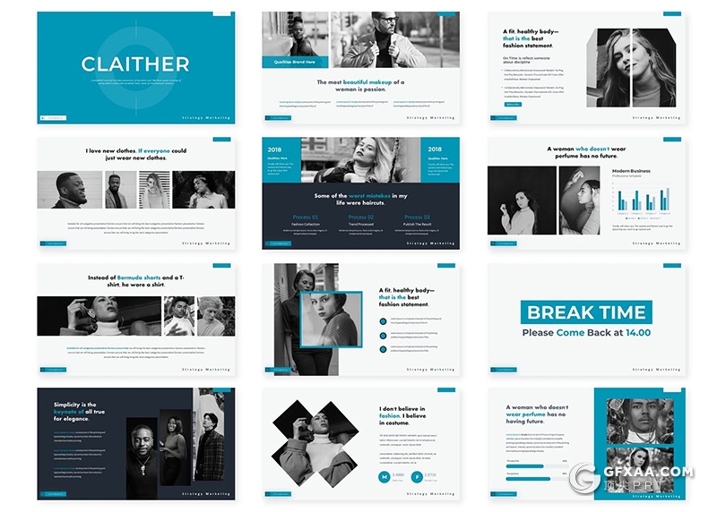 30页国外简约风格时尚模特写真服装展示PPT模板5种主题配色 - 顶尖PPT