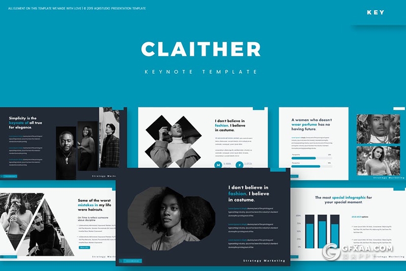 30页国外简约风格时尚模特写真服装展示keynote模板5种主题配色 - 顶尖PPT