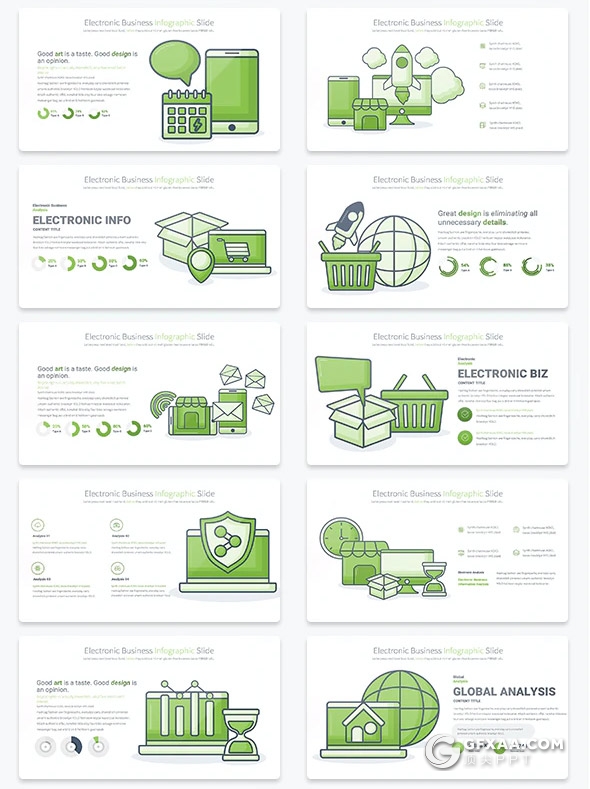 35页电子商务概念插画PPT创意图形线性图形PPT模板11种主题配色 - 顶尖PPT
