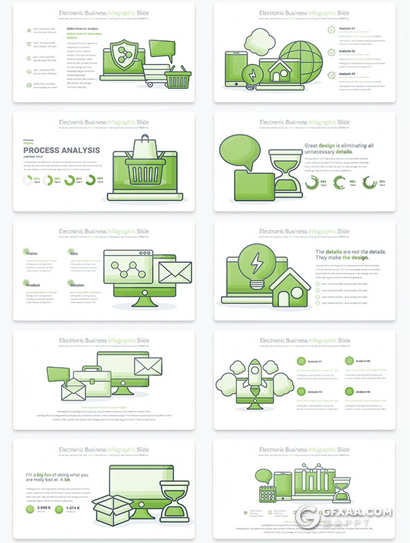 35页电子商务概念插画PPT创意图形线性图形PPT模板11种主题配色 - 顶尖PPT