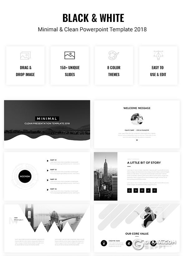 160页国外高端创意商务多用途ppt模板黑白配色高逼格欧美ppt模板8种主题配色 - 顶尖PPT