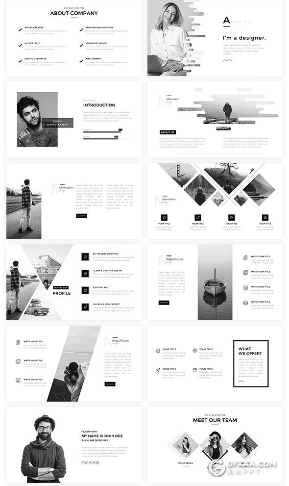 160页国外高端创意商务多用途ppt模板黑白配色高逼格欧美ppt模板8种主题配色 - 顶尖PPT