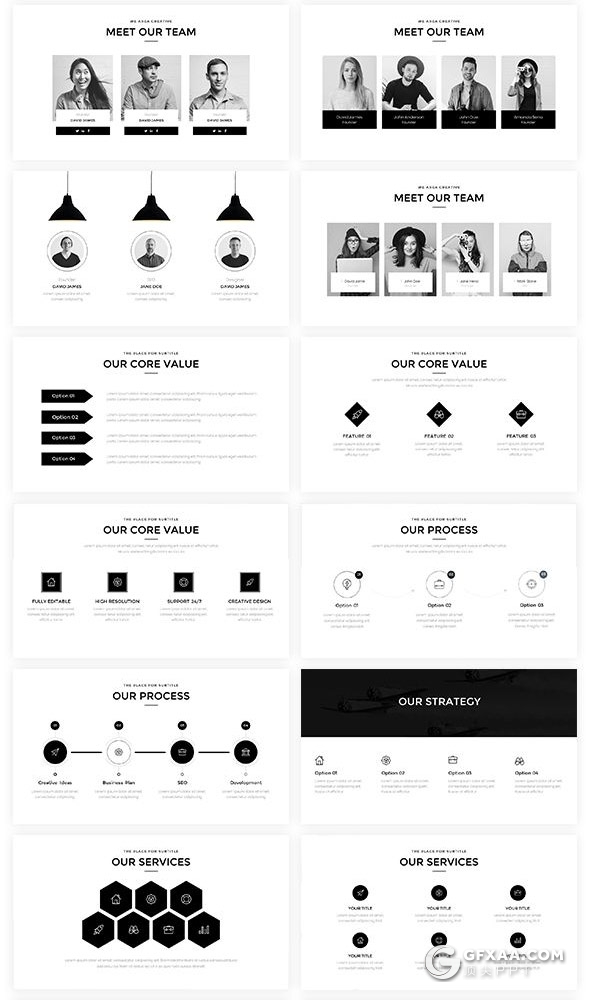 160页国外高端创意商务多用途ppt模板黑白配色高逼格欧美ppt模板8种主题配色 - 顶尖PPT
