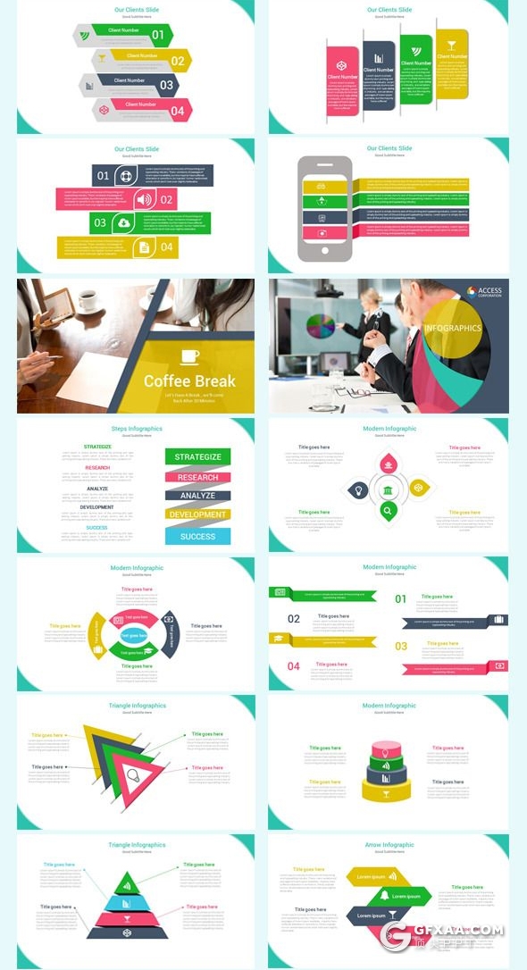 125页扁平化彩色工作总结汇报商务信息图形设计国外通用PPT模板 - 顶尖PPT