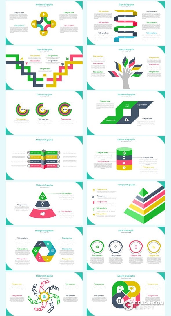 125页扁平化彩色工作总结汇报商务信息图形设计国外通用PPT模板 - 顶尖PPT