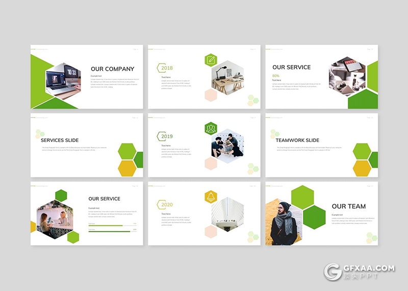30页创意六边形组合商务风格企业团队介绍工作规划Google slides模板5种主题配色 - 顶尖PPT