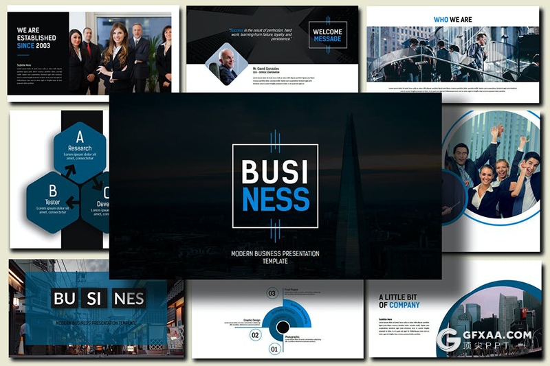 112页蓝色国际商务Google slides模板企业团队公司宣传介绍Google slides模板 - 顶尖PPT