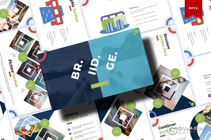 30页创意卡通桥梁图形桥梁建筑设计大桥建筑展示PPT模板5种配色 - 顶尖PPT