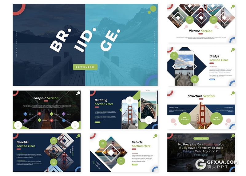 30页创意卡通桥梁图形桥梁建筑设计大桥建筑展示Google slides模板5种配色 - 顶尖PPT