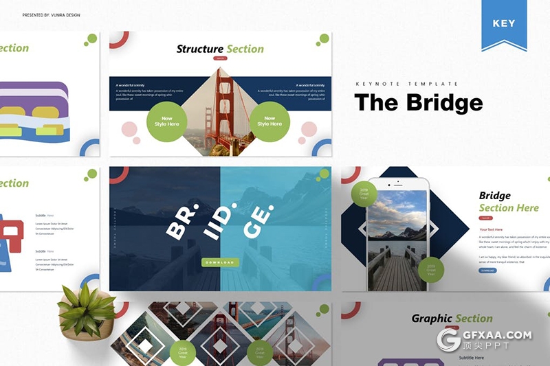 30页创意卡通桥梁图形桥梁建筑设计大桥建筑展示keynote模板5种配色 - 顶尖PPT