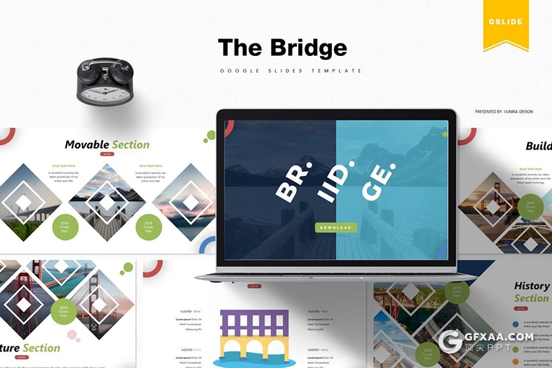 30页创意卡通桥梁图形桥梁建筑设计大桥建筑展示Google slides模板5种配色 - 顶尖PPT