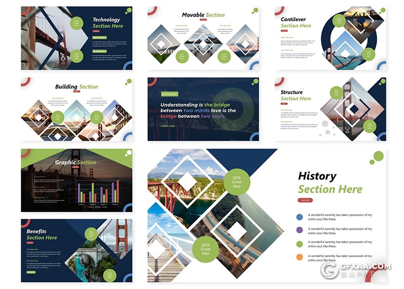 30页创意卡通桥梁图形桥梁建筑设计大桥建筑展示Google slides模板5种配色 - 顶尖PPT