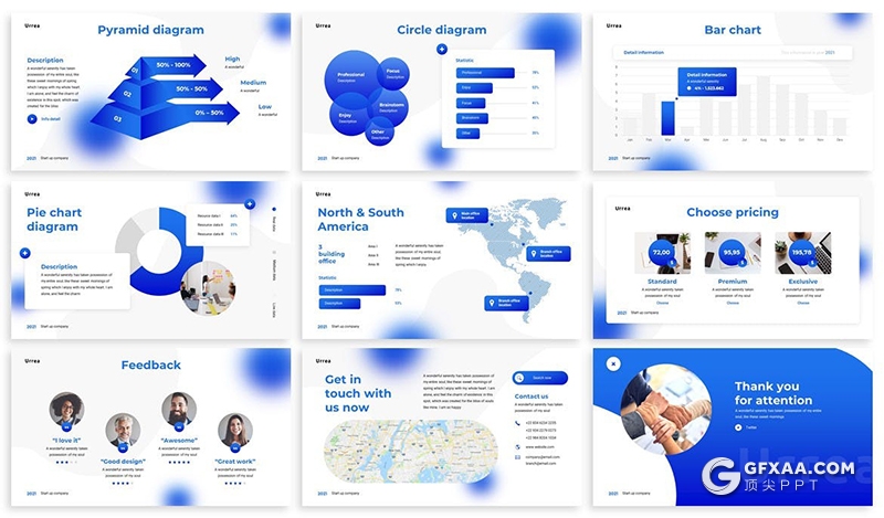 30页创意蓝色圆球虚化设计商务团队企业介绍项目展示PPT模板3种主题配色 - 顶尖PPT