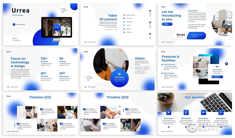 30页创意蓝色圆球虚化设计商务团队企业介绍项目展示PPT模板3种主题配色 - 顶尖PPT